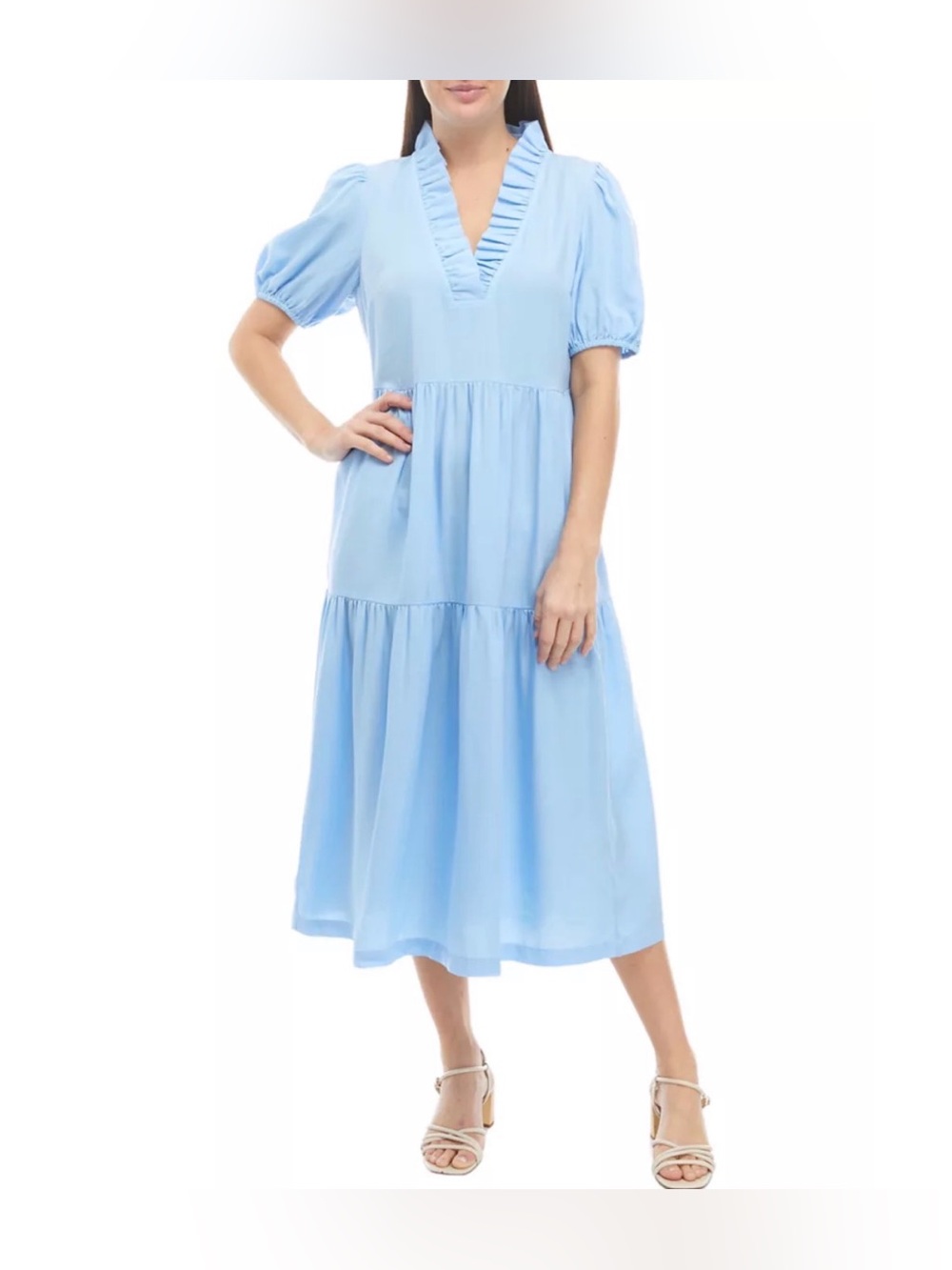Crown & Ivy Light Blue Puff Sleeve Ruffled V-Neck Midi Dress, size XL